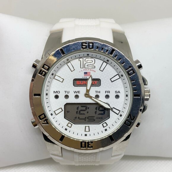 U.S. Polo Assn. men Watch Analog and Digital Silver tone 52mm round case running - Picture 1 of 8